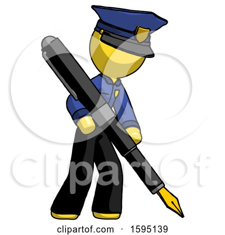 Yellow Police Man Drawing or Writing with Large Calligraphy Pen by Leo Blanchette