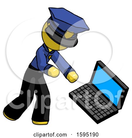Yellow Police Man Throwing Laptop Computer in Frustration by Leo Blanchette