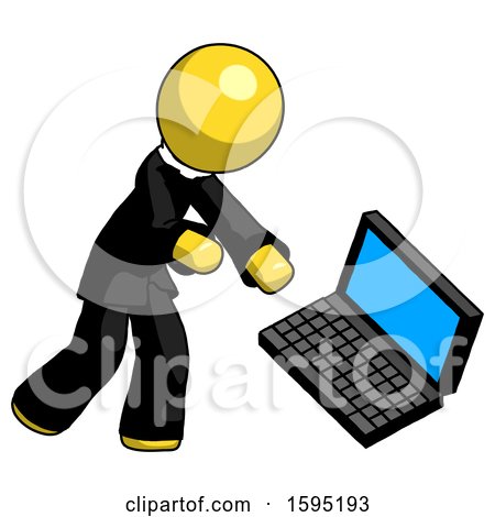 Yellow Clergy Man Throwing Laptop Computer in Frustration by Leo Blanchette
