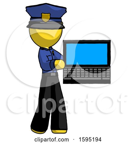 Yellow Police Man Holding Laptop Computer Presenting Something on Screen by Leo Blanchette