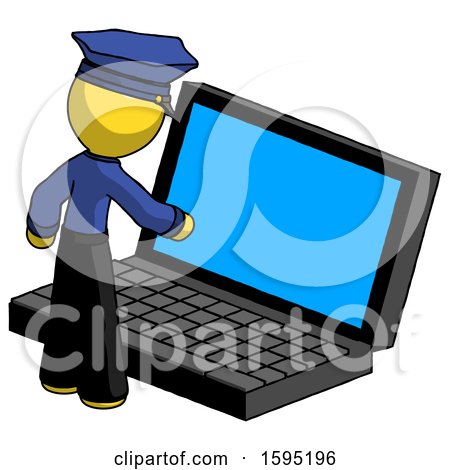 Yellow Police Man Using Large Laptop Computer by Leo Blanchette