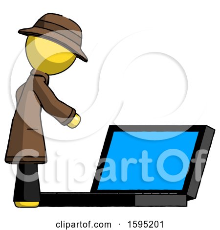 Yellow Detective Man Using Large Laptop Computer Side Orthographic View by Leo Blanchette