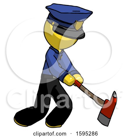 Yellow Police Man Striking with a Red Firefighter's Ax by Leo Blanchette