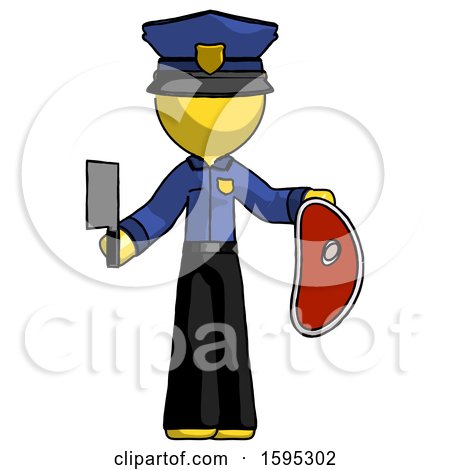 Yellow Police Man Holding Large Steak with Butcher Knife by Leo Blanchette