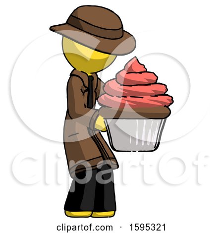 Yellow Detective Man Holding Large Cupcake Ready to Eat or Serve by Leo Blanchette