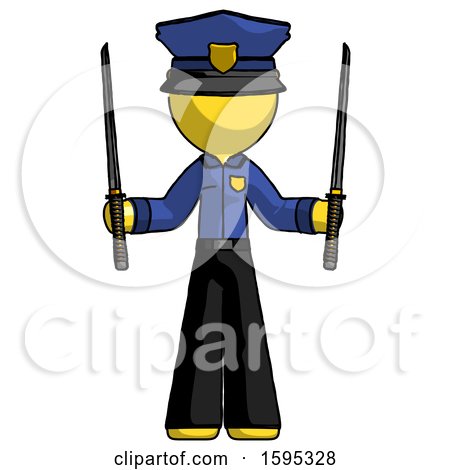 Yellow Police Man Posing with Two Ninja Sword Katanas up by Leo Blanchette