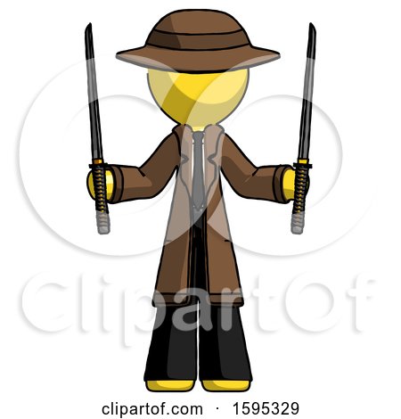 Yellow Detective Man Posing with Two Ninja Sword Katanas up by Leo Blanchette