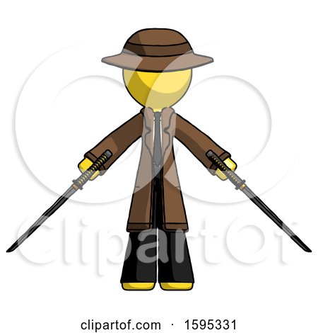 Yellow Detective Man Posing with Two Ninja Sword Katanas by Leo Blanchette