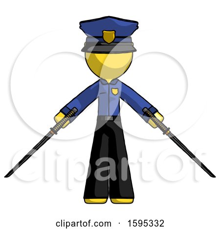 Yellow Police Man Posing with Two Ninja Sword Katanas by Leo Blanchette