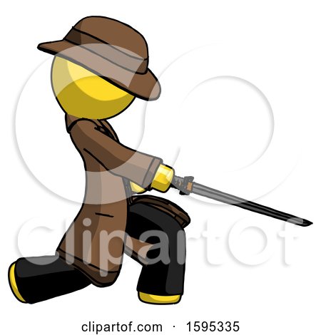 Yellow Detective Man with Ninja Sword Katana Slicing or Striking Something by Leo Blanchette