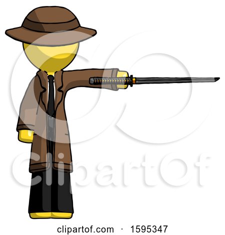 Yellow Detective Man Standing with Ninja Sword Katana Pointing Right by Leo Blanchette