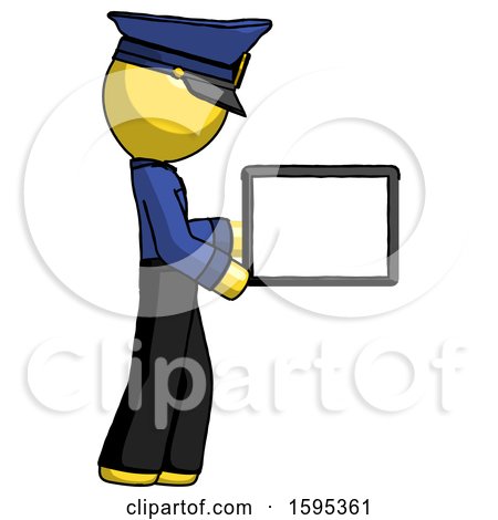 Yellow Police Man Show Tablet Device Computer to Viewer, Blank Area by Leo Blanchette