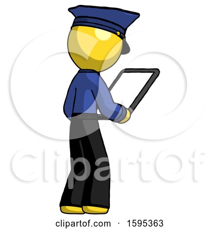 Yellow Police Man Looking at Tablet Device Computer Facing Away by Leo Blanchette