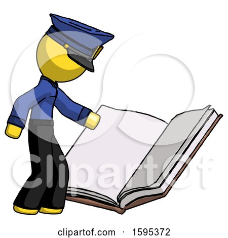 Yellow Police Man Reading Big Book While Standing Beside It by Leo Blanchette