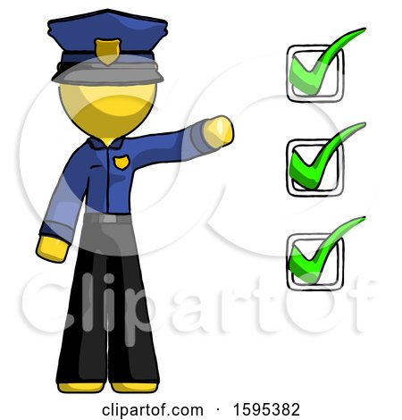 Yellow Police Man Standing by List of Checkmarks by Leo Blanchette