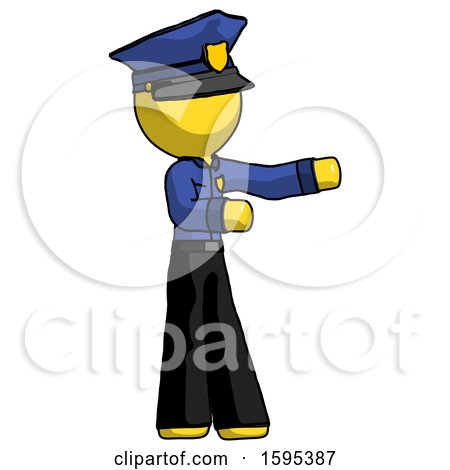 Yellow Police Man Presenting Something to His Left by Leo Blanchette