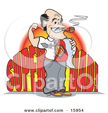 Proud Man Smoking A Tobacco Pipe And Moving His Shirt To Show His Super Dad Uniform Clipart Illustration by Andy Nortnik