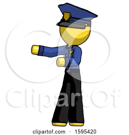 Yellow Police Man Presenting Something to His Right by Leo Blanchette