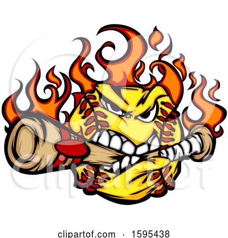 Clipart of a Tough Flaming Softball Mascot Biting A Baseball Bat - Royalty Free Vector Illustration by Chromaco