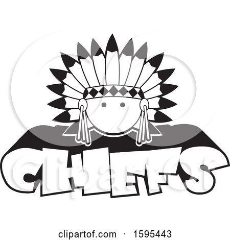 Clipart of a Cartoon Black and White Native American Chief School Sports Mascot over Text - Royalty Free Vector Illustration by Johnny Sajem