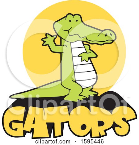 Clipart of a Cartoon Alligator School Sports Mascot Waving over a Sun and Text - Royalty Free Vector Illustration by Johnny Sajem