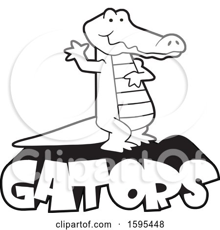 Clipart of a Cartoon Black and White Alligator School Sports Mascot Waving over Text - Royalty Free Vector Illustration by Johnny Sajem