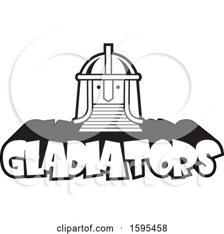 Clipart of a Cartoon Black and White Helmeted Face Gladiator School Sports Mascot over Text - Royalty Free Vector Illustration by Johnny Sajem