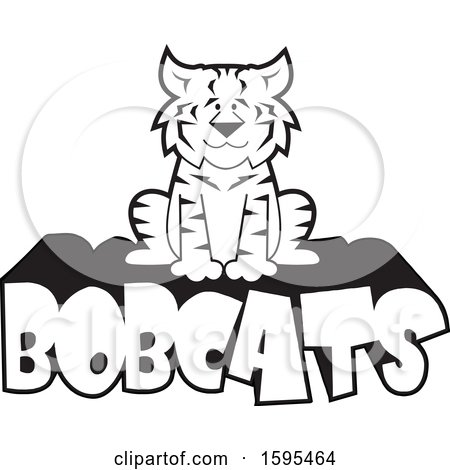 Clipart of a Cartoon Black and White Bobcat School Sports Mascot Sitting on Text - Royalty Free Vector Illustration by Johnny Sajem