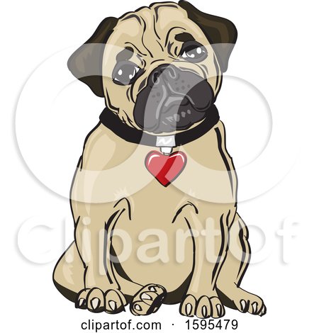 Clipart of a Cute Sitting Pug Dog with a Heart Collar - Royalty Free Vector Illustration by David Rey