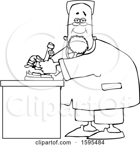 Clipart of a Cartoon Lineart Black Male Scientist Using a Microscope - Royalty Free Vector Illustration by djart
