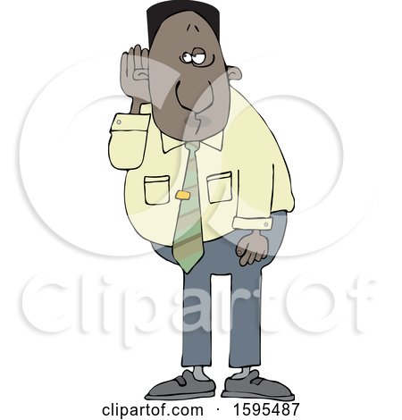 Clipart of a Cartoon Black Business Man Cupping His Ear to Listen - Royalty Free Vector Illustration by djart