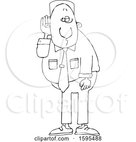 Clipart of a Cartoon Lineart Black Business Man Cupping His Ear to Listen - Royalty Free Vector Illustration by djart