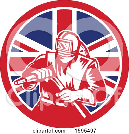 Clipart of a Retro Woodcut Sandblaster Worker in a Union Jack Flag Circle - Royalty Free Vector Illustration by patrimonio