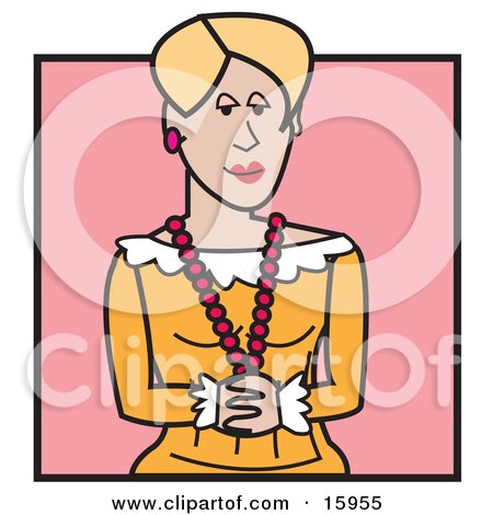 Pretty Blond Woman In An Orange Dress, Tugging On Her Red Bead Necklace Clipart Illustration by Andy Nortnik