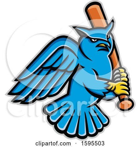 Clipart of a Tough Blue Great Horned Owl Holding a Baseball Bat - Royalty Free Vector Illustration by patrimonio