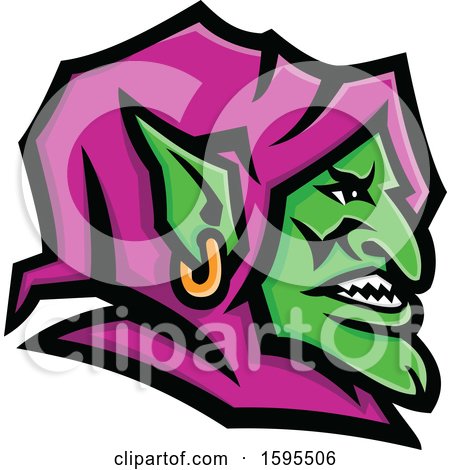 Clipart of a Green Goblin Mascot Head with a Purple Hood - Royalty Free Vector Illustration by patrimonio