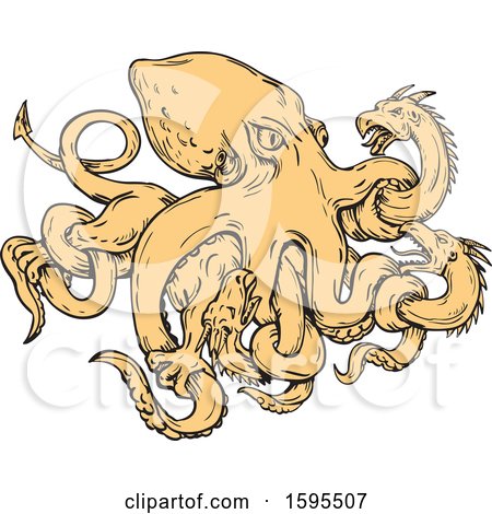 Clipart of a Sketched Giant Octopus Fighting Hydra - Royalty Free Vector Illustration by patrimonio