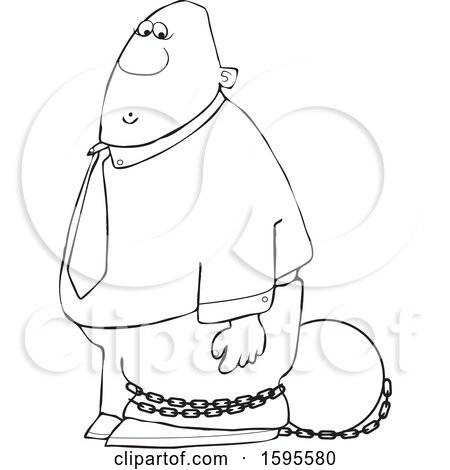 Clipart of a Cartoon Lineart Black Man Tied to a Ball and Chain - Royalty Free Vector Illustration by djart