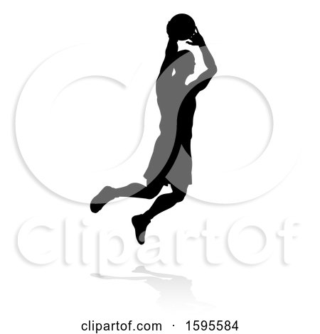 Clipart of a Silhouetted Basketball Player, with a Reflection or Shadow, on a White Background - Royalty Free Vector Illustration by AtStockIllustration