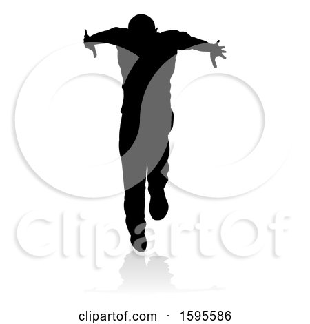 Clipart of a Silhouetted Male Hip Hop Dancer, with a Reflection or Shadow, on a White Background - Royalty Free Vector Illustration by AtStockIllustration