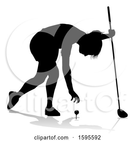 Clipart of a Silhouetted Female Golfer, with a Reflection or Shadow, on a White Background - Royalty Free Vector Illustration by AtStockIllustration