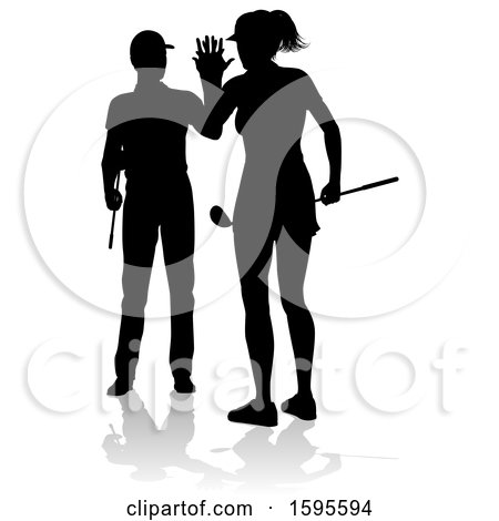 Clipart of a Silhouetted Couple Golfing, with a Reflection or Shadow, on a White Background - Royalty Free Vector Illustration by AtStockIllustration