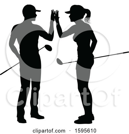 Clipart of a Silhouetted Couple Golfing - Royalty Free Vector Illustration by AtStockIllustration