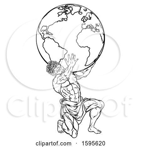 Clipart of a Lineart Black and White Atlas Titan Man Carrying a Globe - Royalty Free Vector Illustration by AtStockIllustration