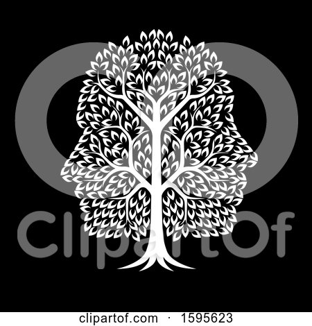 Clipart of a White Tree with Profiled Faces in the Canopy, on Black - Royalty Free Vector Illustration by AtStockIllustration
