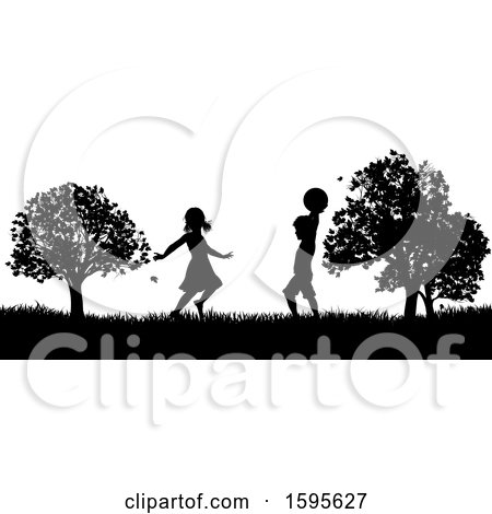 Clipart of Silhouetted Children Playing in a Park - Royalty Free Vector Illustration by AtStockIllustration