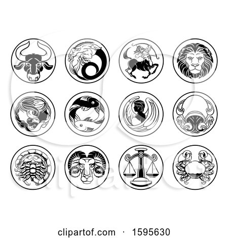 Clipart of Round Black and White Zodiac Astrology Horoscope Star Signs - Royalty Free Vector Illustration by AtStockIllustration