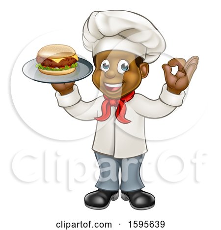 Clipart of a Full Length Male Chef Holding a Cheese Burger on a Tray and Gesturing Perfect - Royalty Free Vector Illustration by AtStockIllustration