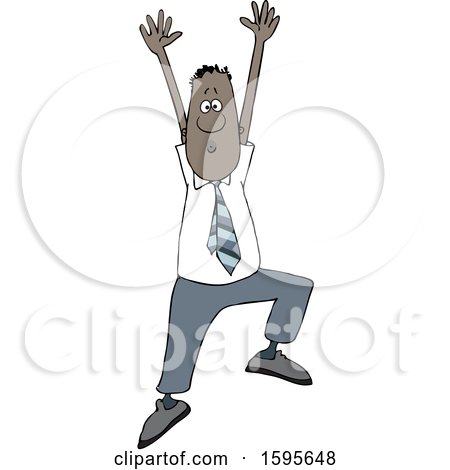 Clipart of a Cartoon Black Business Man Jumping to Grab Your Attention - Royalty Free Vector Illustration by djart