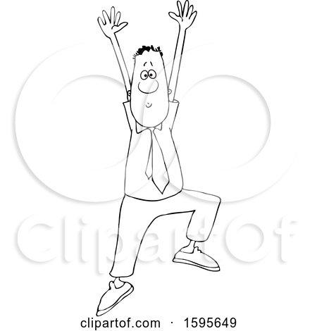 Clipart of a Cartoon Lineart Business Man Jumping to Grab Your Attention - Royalty Free Vector Illustration by djart